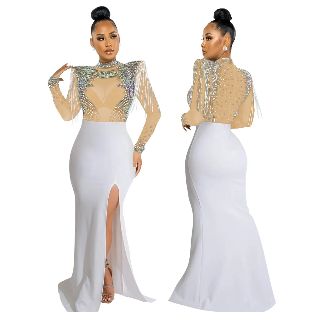 CM.YAYA Women Mesh See Through Long Sleeve Diamonds Hot Rhinestones Mermaid Long Dress Fall Evening Sexy Party Dresses Vestidos