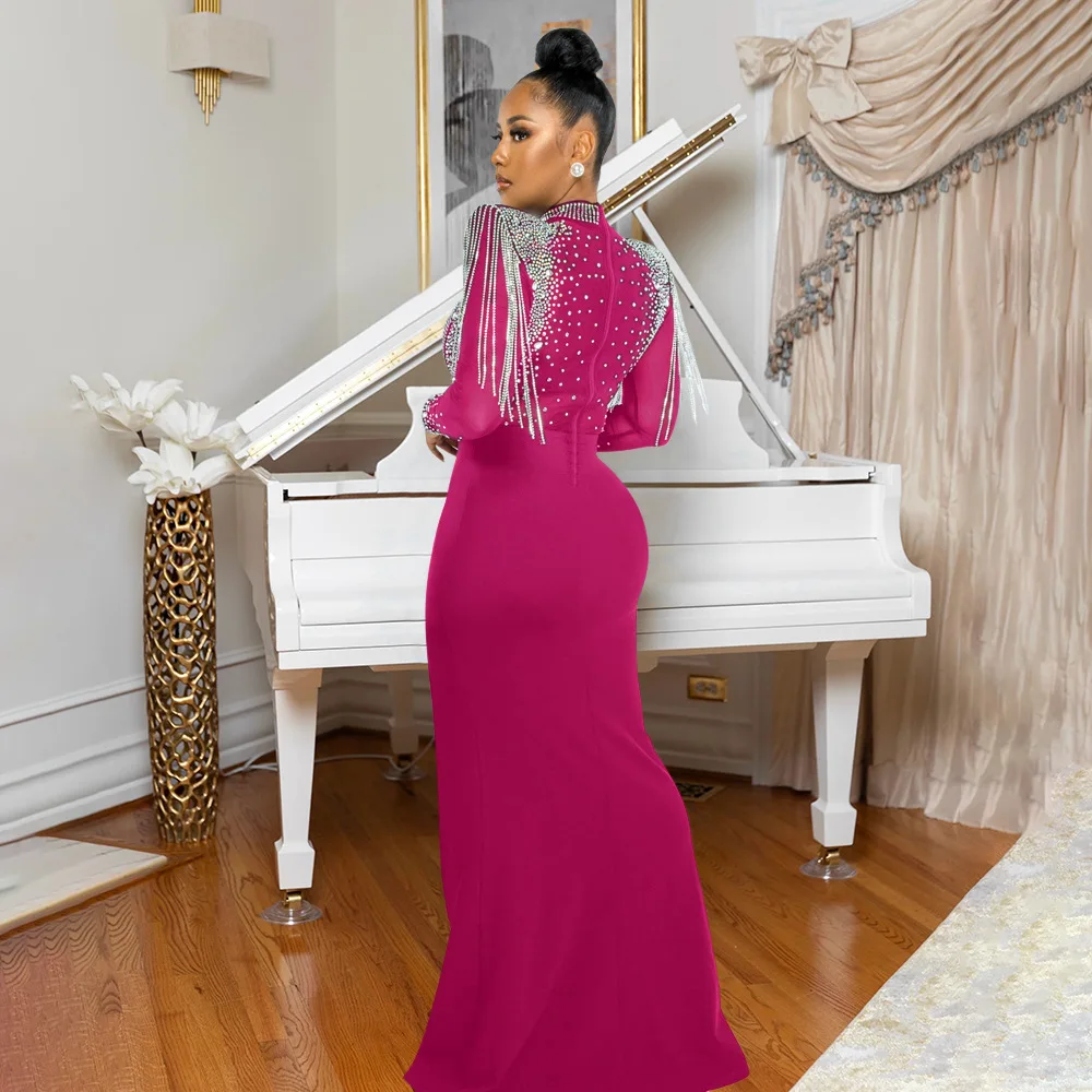 CM.YAYA Women Mesh See Through Long Sleeve Diamonds Hot Rhinestones Mermaid Long Dress Fall Evening Sexy Party Dresses Vestidos