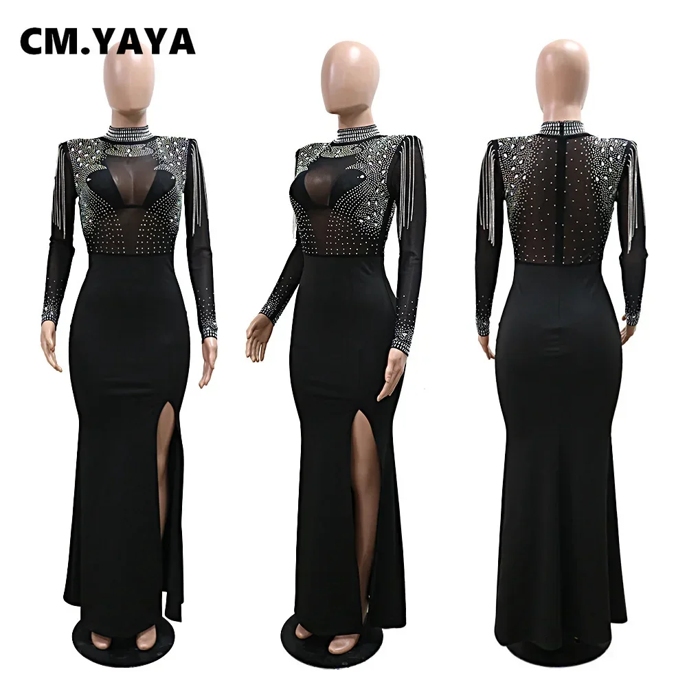 CM.YAYA Women Mesh See Through Long Sleeve Diamonds Hot Rhinestones Mermaid Long Dress Fall Evening Sexy Party Dresses Vestidos