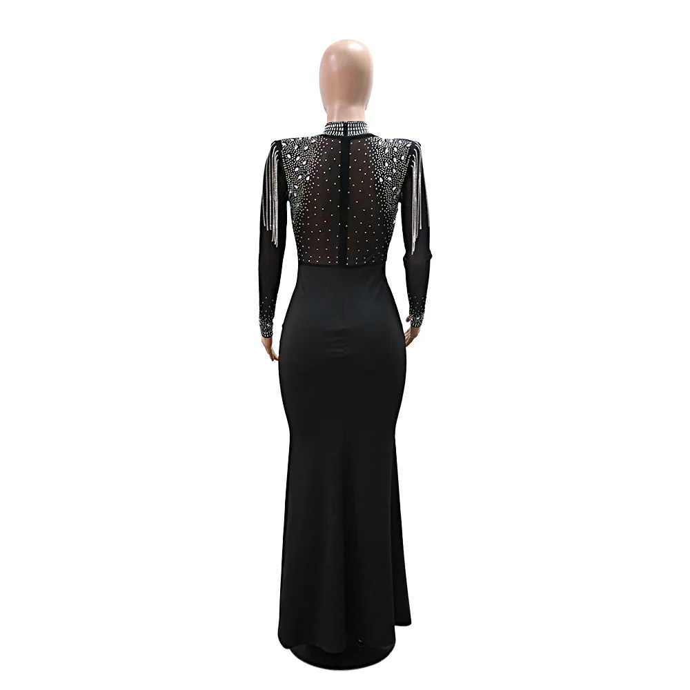 CM.YAYA Women Mesh See Through Long Sleeve Diamonds Hot Rhinestones Mermaid Long Dress Fall Evening Sexy Party Dresses Vestidos
