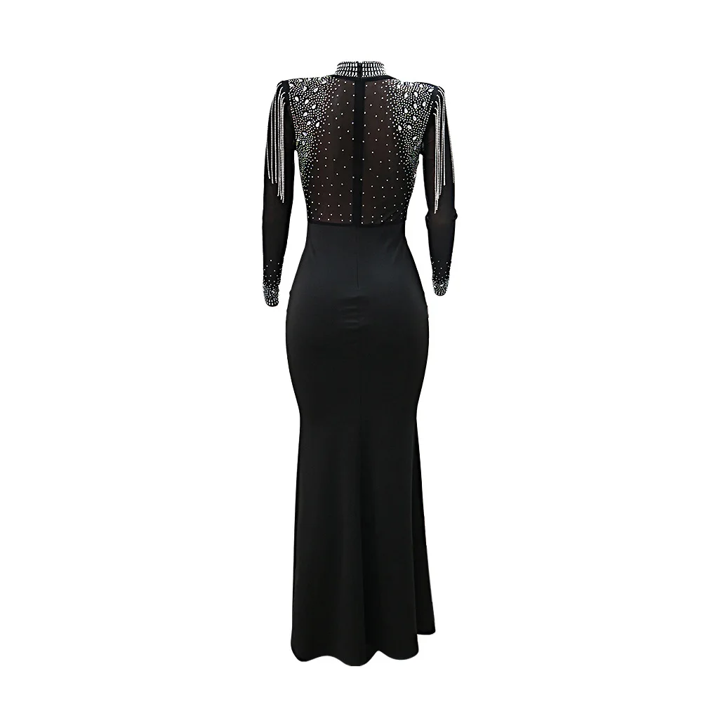 CM.YAYA Women Mesh See Through Long Sleeve Diamonds Hot Rhinestones Mermaid Long Dress Fall Evening Sexy Party Dresses Vestidos