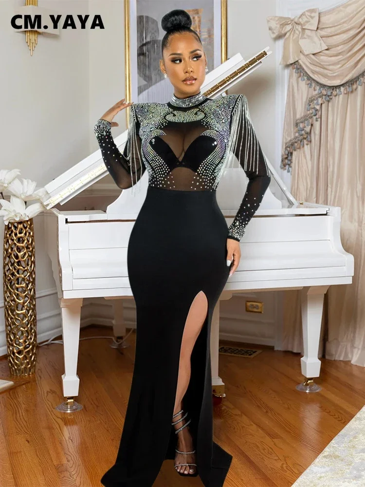 CM.YAYA Women Mesh See Through Long Sleeve Diamonds Hot Rhinestones Mermaid Long Dress Fall Evening Sexy Party Dresses Vestidos