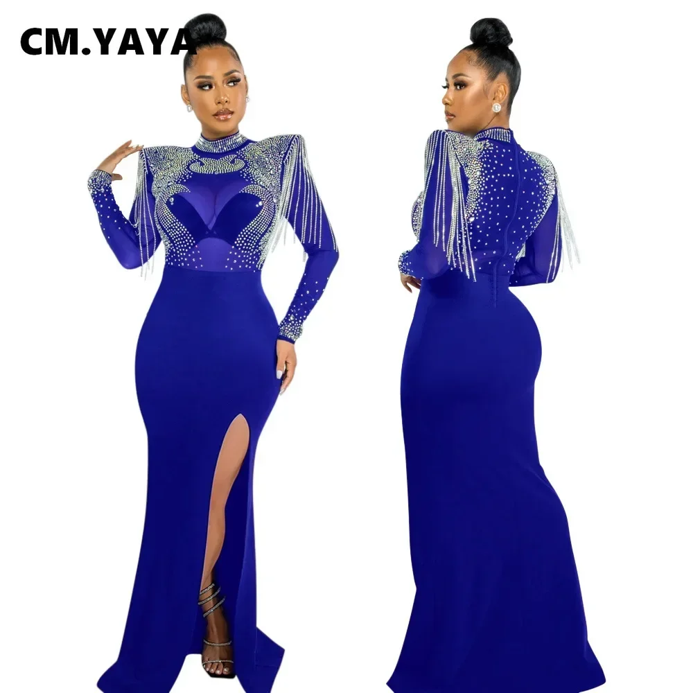 CM.YAYA Women Mesh See Through Long Sleeve Diamonds Hot Rhinestones Mermaid Long Dress Fall Evening Sexy Party Dresses Vestidos