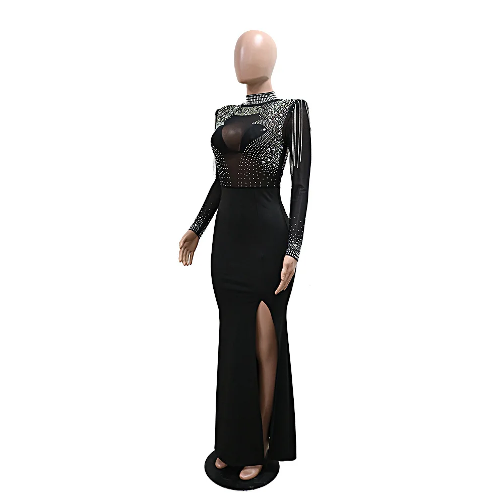 CM.YAYA Women Mesh See Through Long Sleeve Diamonds Hot Rhinestones Mermaid Long Dress Fall Evening Sexy Party Dresses Vestidos
