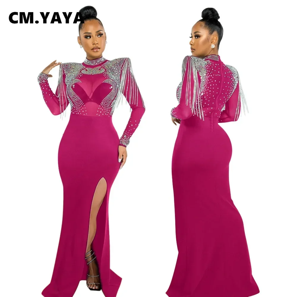 CM.YAYA Women Mesh See Through Long Sleeve Diamonds Hot Rhinestones Mermaid Long Dress Fall Evening Sexy Party Dresses Vestidos
