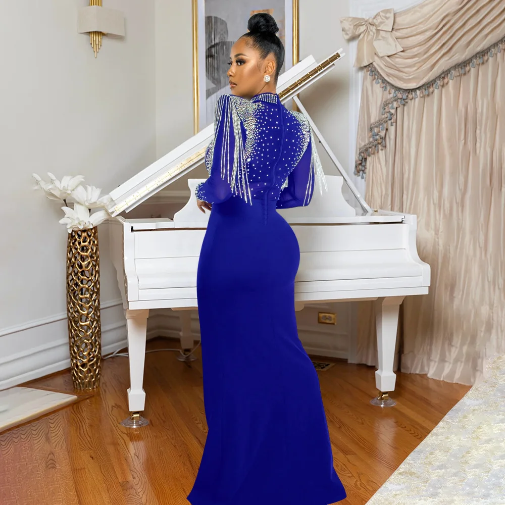 CM.YAYA Women Mesh See Through Long Sleeve Diamonds Hot Rhinestones Mermaid Long Dress Fall Evening Sexy Party Dresses Vestidos