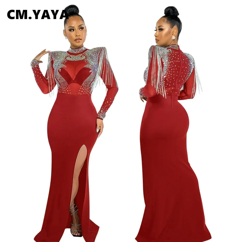 CM.YAYA Women Mesh See Through Long Sleeve Diamonds Hot Rhinestones Mermaid Long Dress Fall Evening Sexy Party Dresses Vestidos