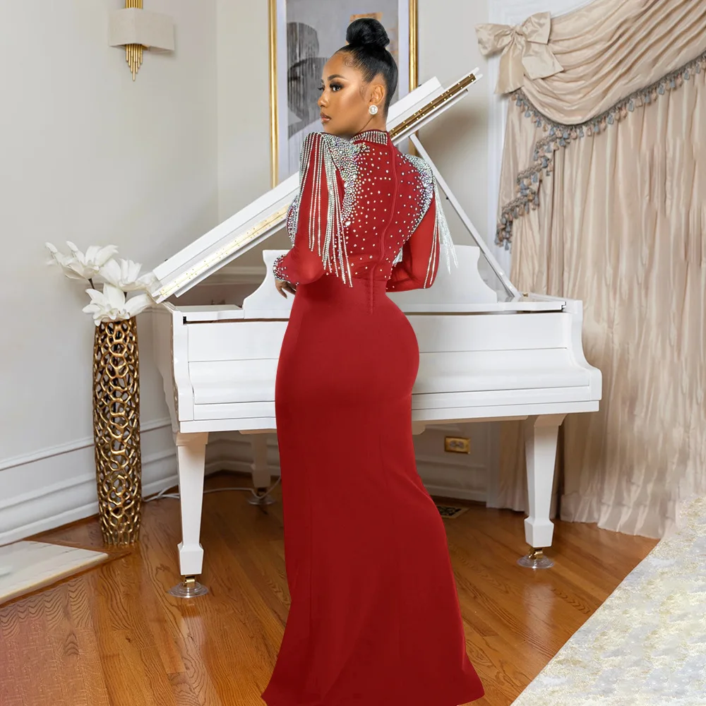 CM.YAYA Women Mesh See Through Long Sleeve Diamonds Hot Rhinestones Mermaid Long Dress Fall Evening Sexy Party Dresses Vestidos