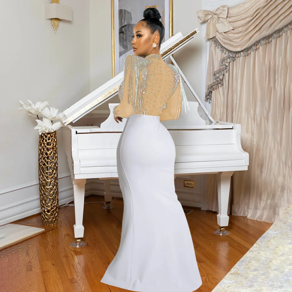 CM.YAYA Women Mesh See Through Long Sleeve Diamonds Hot Rhinestones Mermaid Long Dress Fall Evening Sexy Party Dresses Vestidos