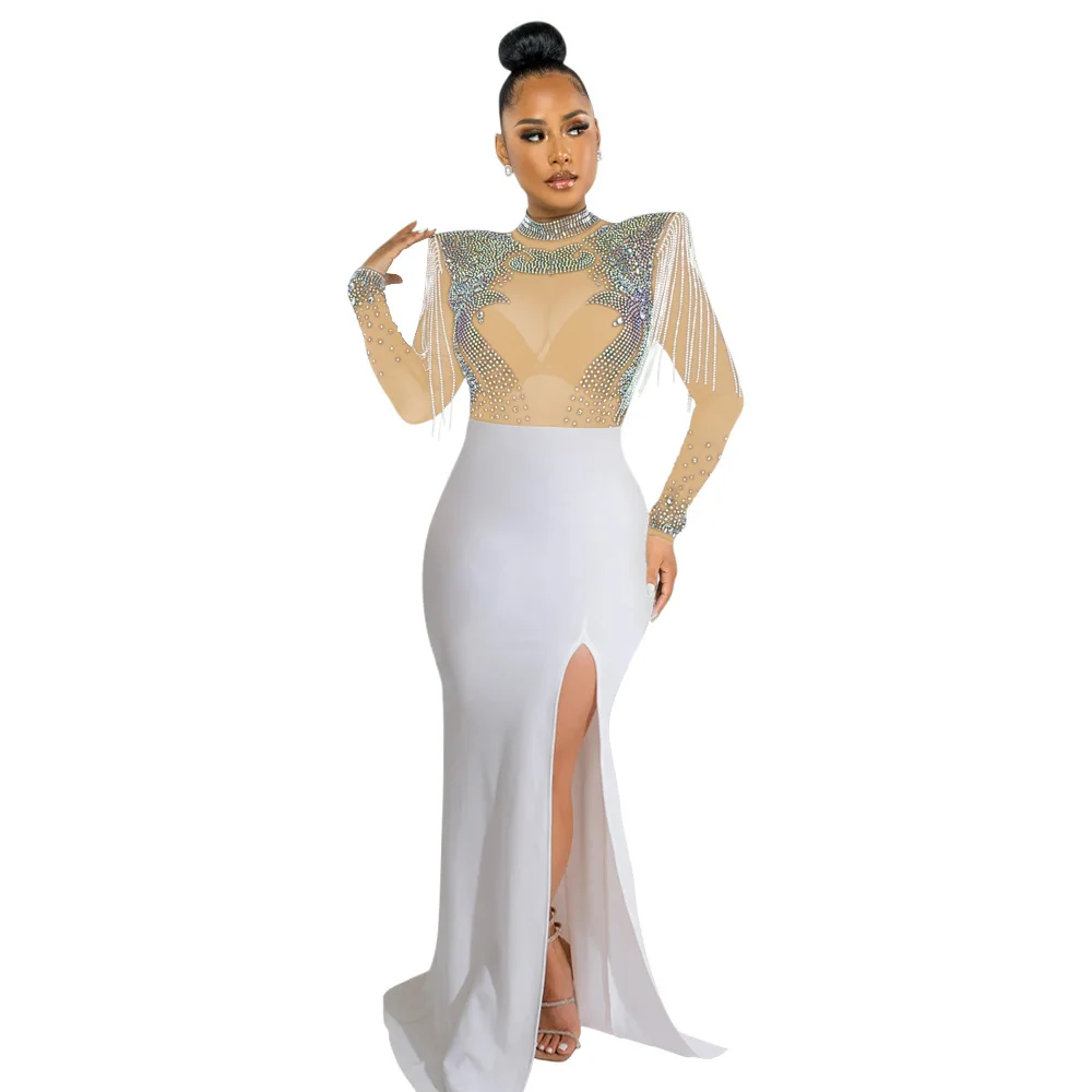CM.YAYA Women Mesh See Through Long Sleeve Diamonds Hot Rhinestones Mermaid Long Dress Fall Evening Sexy Party Dresses Vestidos
