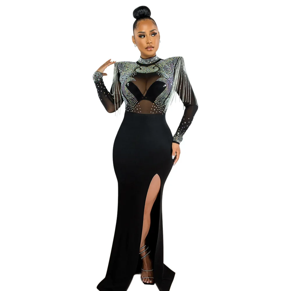 CM.YAYA Women Mesh See Through Long Sleeve Diamonds Hot Rhinestones Mermaid Long Dress Fall Evening Sexy Party Dresses Vestidos