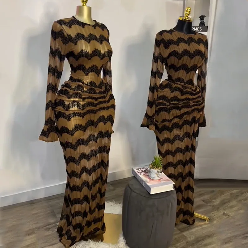 CM.YAYA Women Flare Full Sleeve Wave Striped Ruched Stacked Bodycon Midi Long Maxi Dress 2025 Evening Sexy Party Dresses Vestido