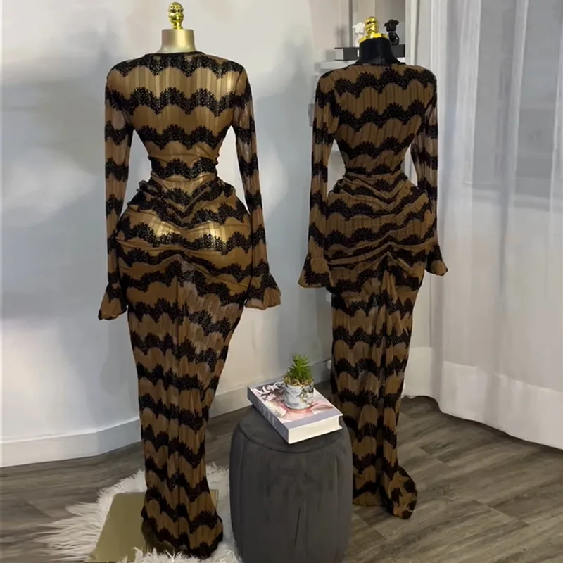 CM.YAYA Women Flare Full Sleeve Wave Striped Ruched Stacked Bodycon Midi Long Maxi Dress 2025 Evening Sexy Party Dresses Vestido