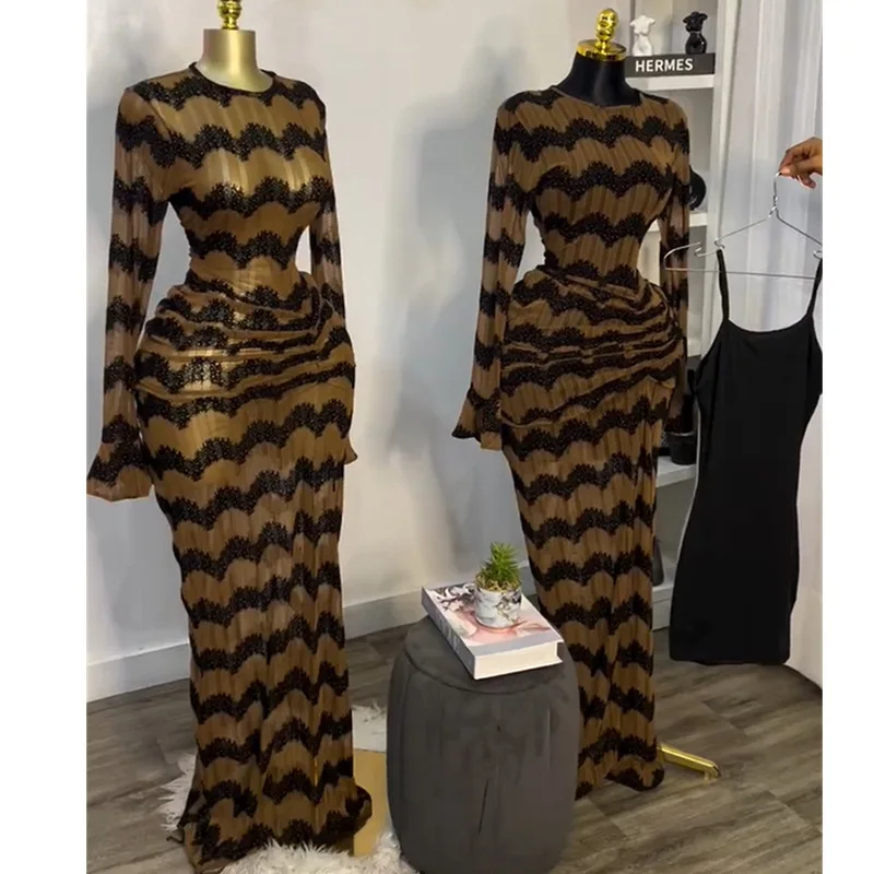 CM.YAYA Women Flare Full Sleeve Wave Striped Ruched Stacked Bodycon Midi Long Maxi Dress 2025 Evening Sexy Party Dresses Vestido