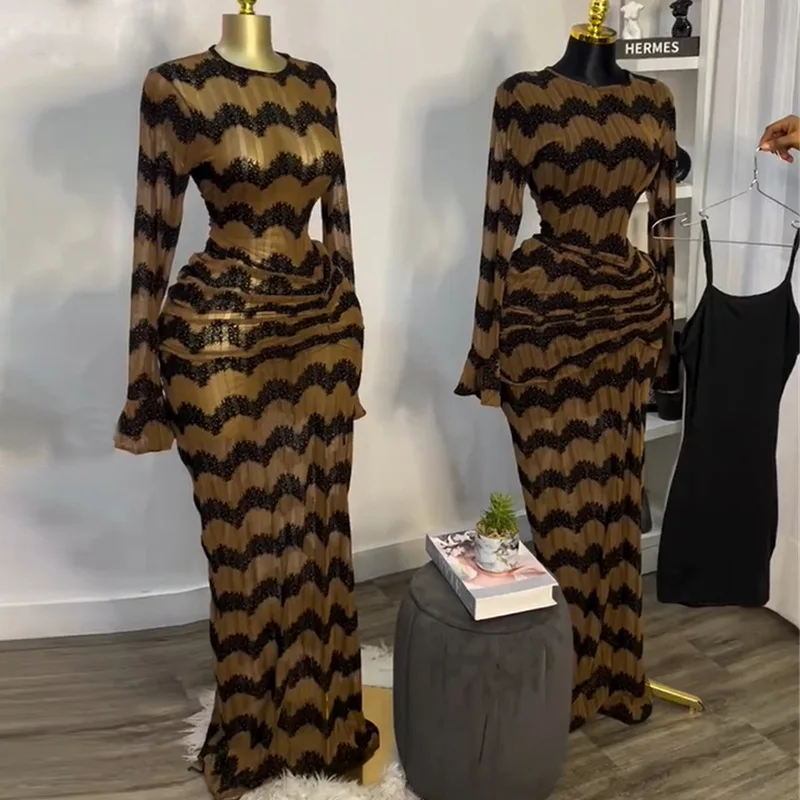 CM.YAYA Women Flare Full Sleeve Wave Striped Ruched Stacked Bodycon Midi Long Maxi Dress 2025 Evening Sexy Party Dresses Vestido