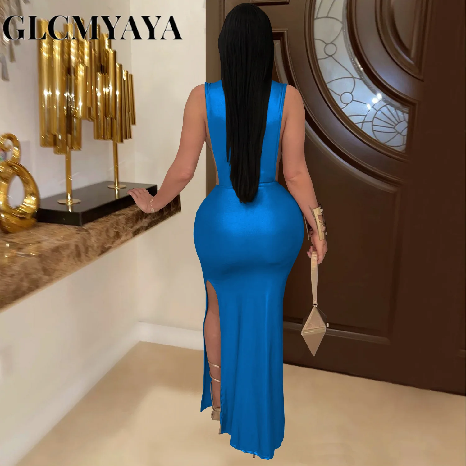 CM.YAYA Women Gilding Sleeveless Cutout Bodycon Midi Maxi Long Dress 2025 Summer Beach Vacation Party Birthday Sexy Dresses