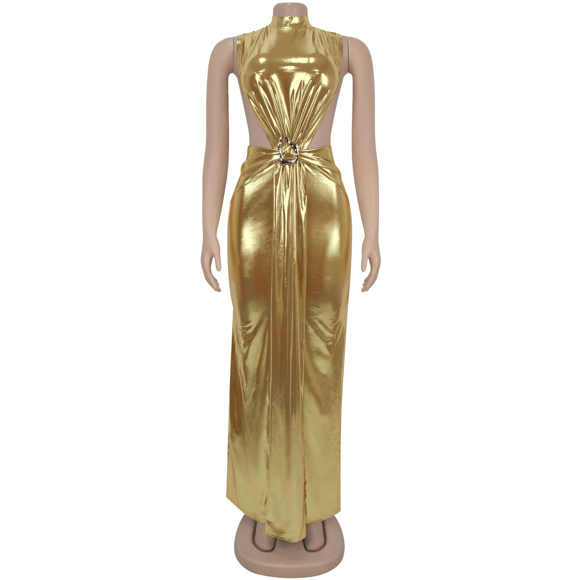 CM.YAYA Women Gilding Sleeveless Cutout Bodycon Midi Maxi Long Dress 2025 Summer Beach Vacation Party Birthday Sexy Dresses