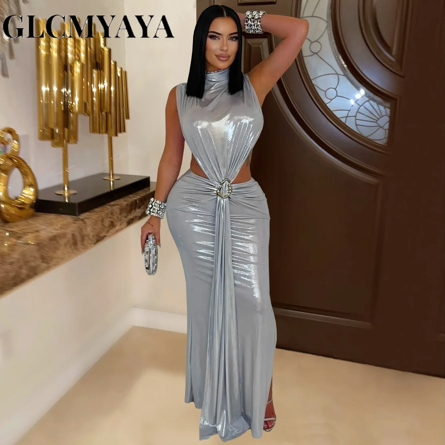 CM.YAYA Women Gilding Sleeveless Cutout Bodycon Midi Maxi Long Dress 2025 Summer Beach Vacation Party Birthday Sexy Dresses