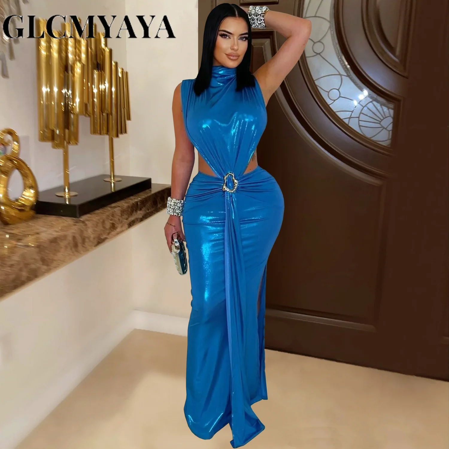 CM.YAYA Women Gilding Sleeveless Cutout Bodycon Midi Maxi Long Dress 2025 Summer Beach Vacation Party Birthday Sexy Dresses