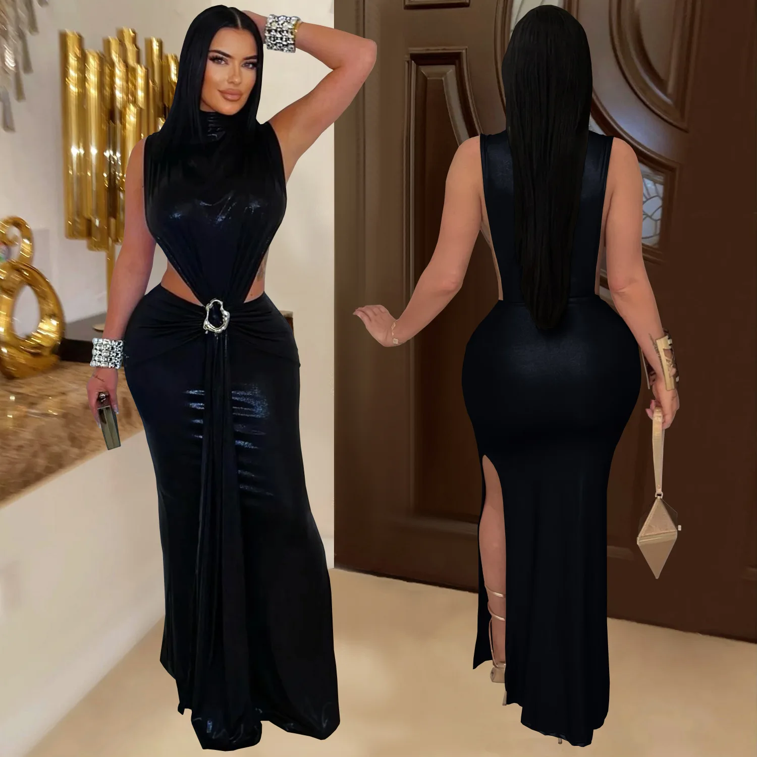 CM.YAYA Women Gilding Sleeveless Cutout Bodycon Midi Maxi Long Dress 2025 Summer Beach Vacation Party Birthday Sexy Dresses