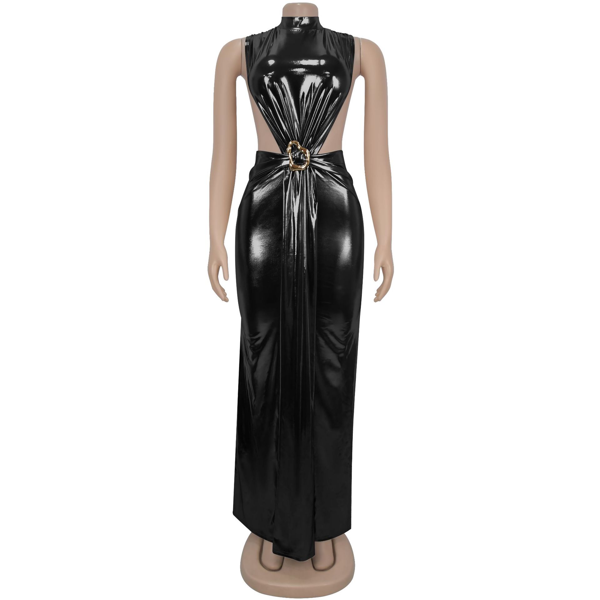 CM.YAYA Women Gilding Sleeveless Cutout Bodycon Midi Maxi Long Dress 2025 Summer Beach Vacation Party Birthday Sexy Dresses
