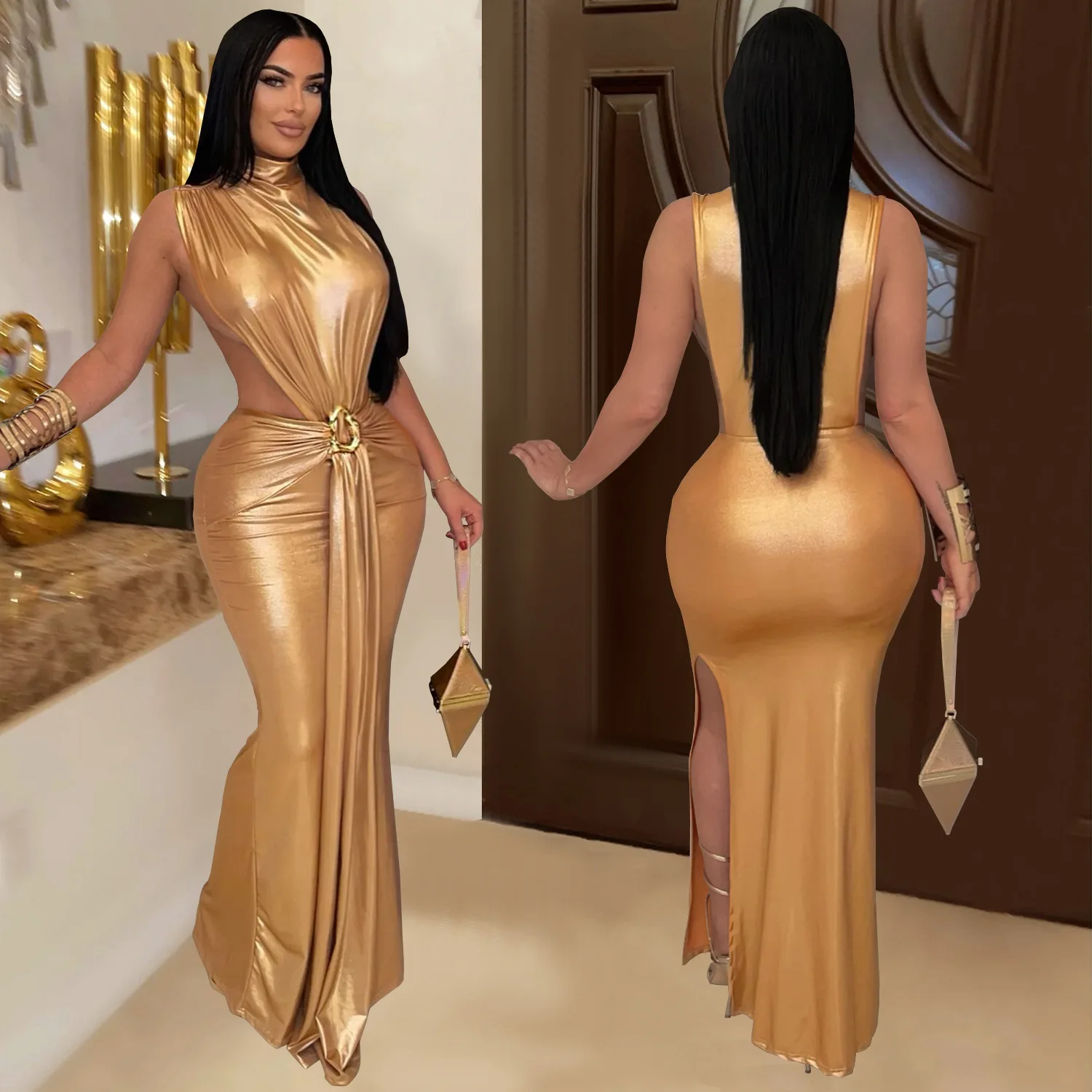 CM.YAYA Women Gilding Sleeveless Cutout Bodycon Midi Maxi Long Dress 2025 Summer Beach Vacation Party Birthday Sexy Dresses