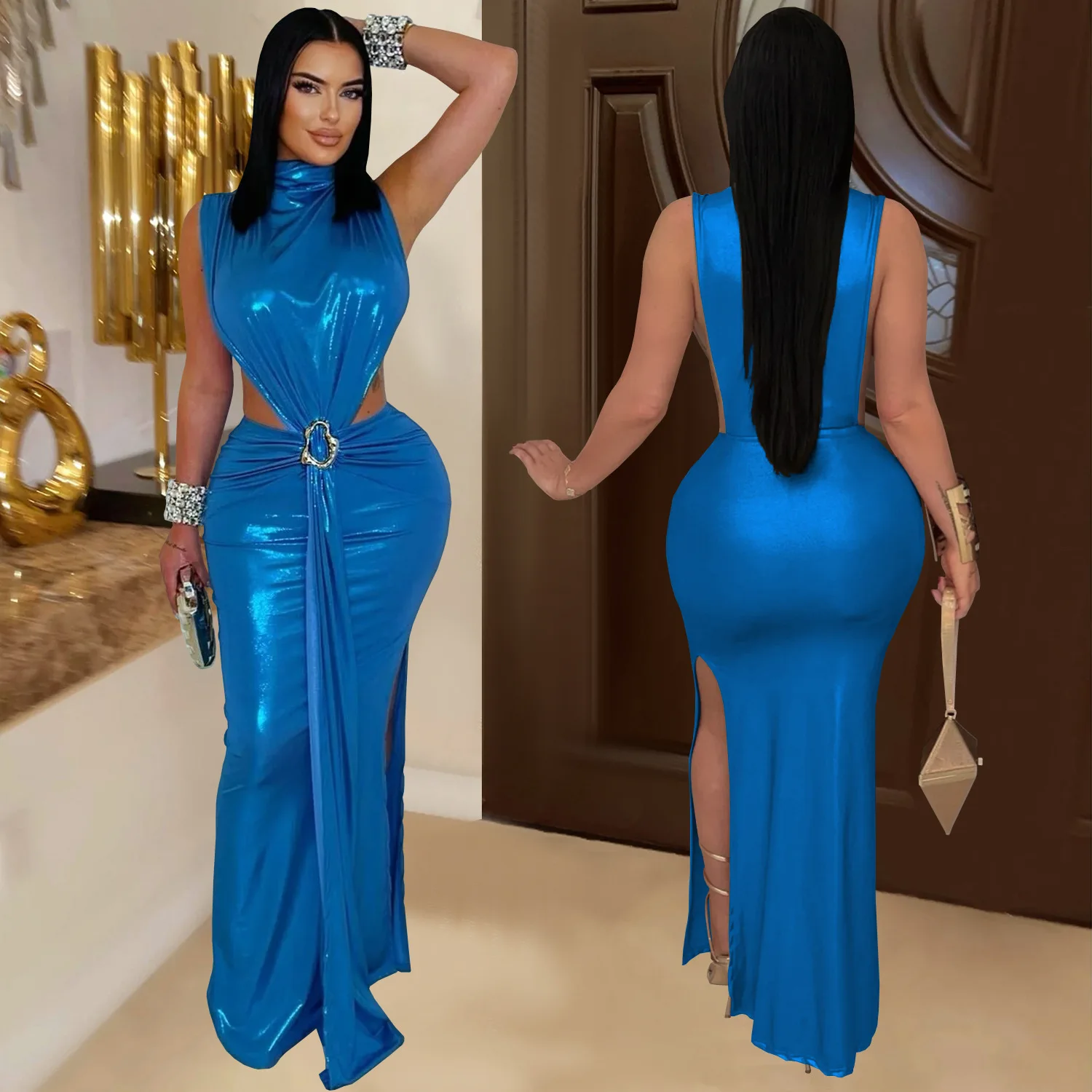 CM.YAYA Women Gilding Sleeveless Cutout Bodycon Midi Maxi Long Dress 2025 Summer Beach Vacation Party Birthday Sexy Dresses