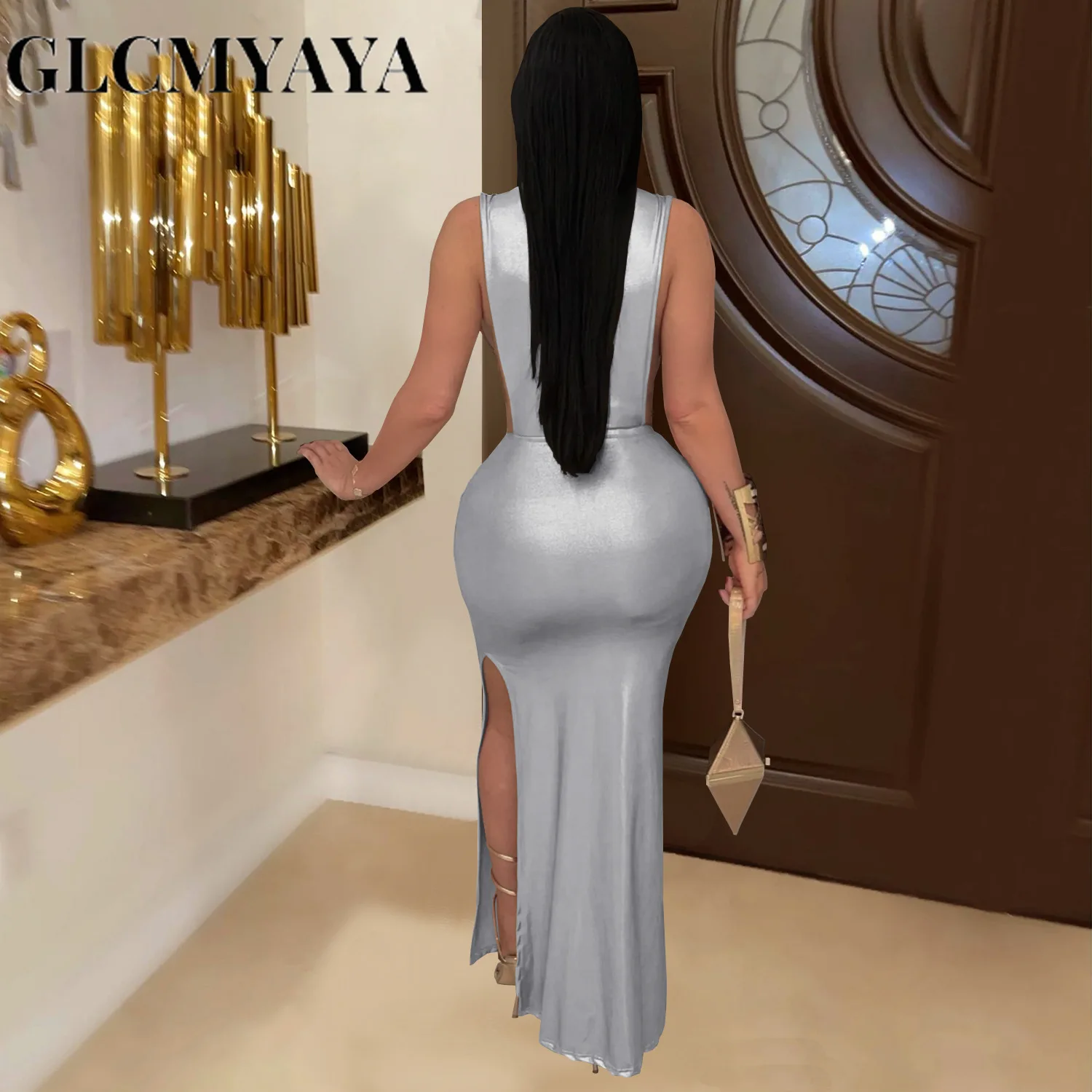 CM.YAYA Women Gilding Sleeveless Cutout Bodycon Midi Maxi Long Dress 2025 Summer Beach Vacation Party Birthday Sexy Dresses