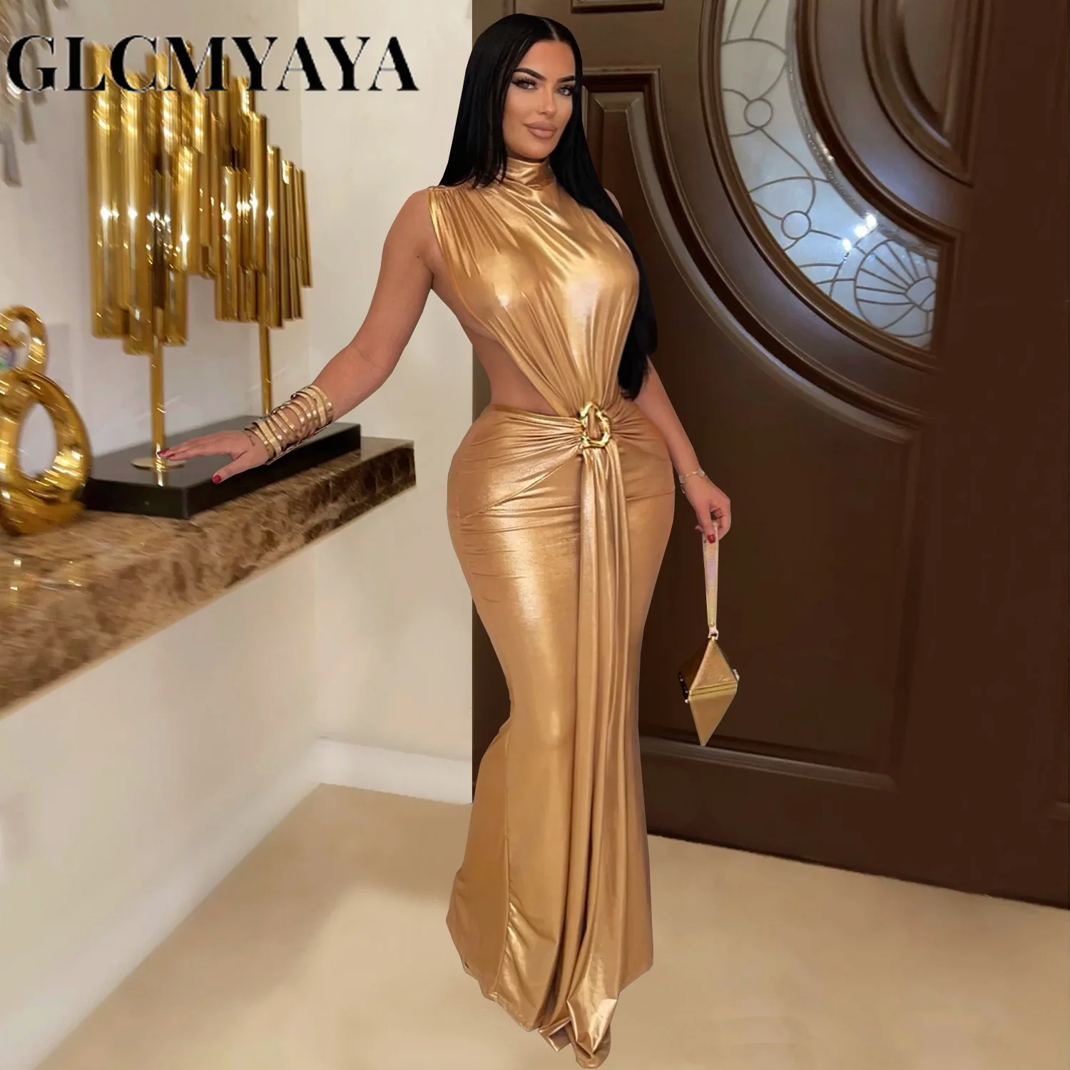 CM.YAYA Women Gilding Sleeveless Cutout Bodycon Midi Maxi Long Dress 2025 Summer Beach Vacation Party Birthday Sexy Dresses