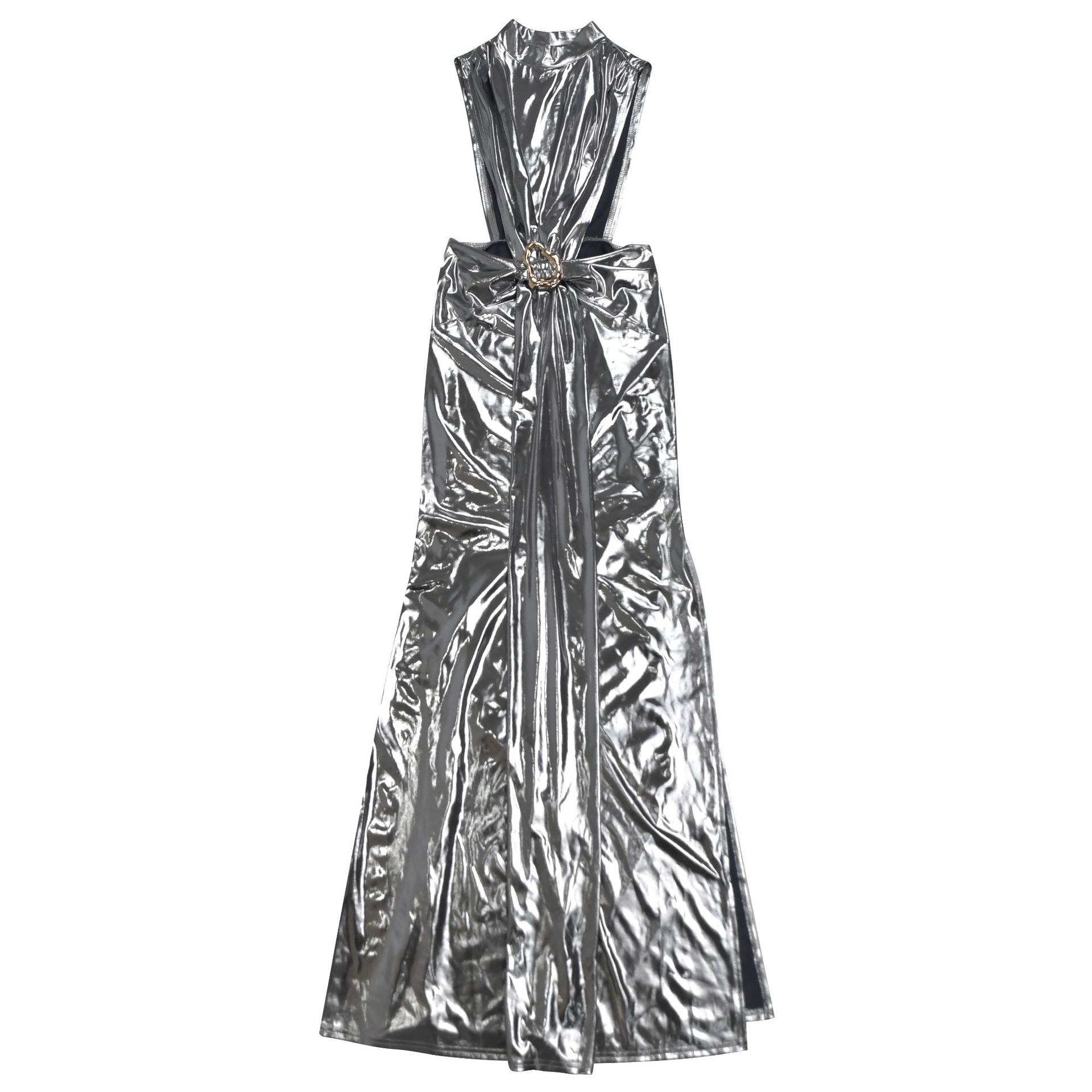 CM.YAYA Women Gilding Sleeveless Cutout Bodycon Midi Maxi Long Dress 2025 Summer Beach Vacation Party Birthday Sexy Dresses