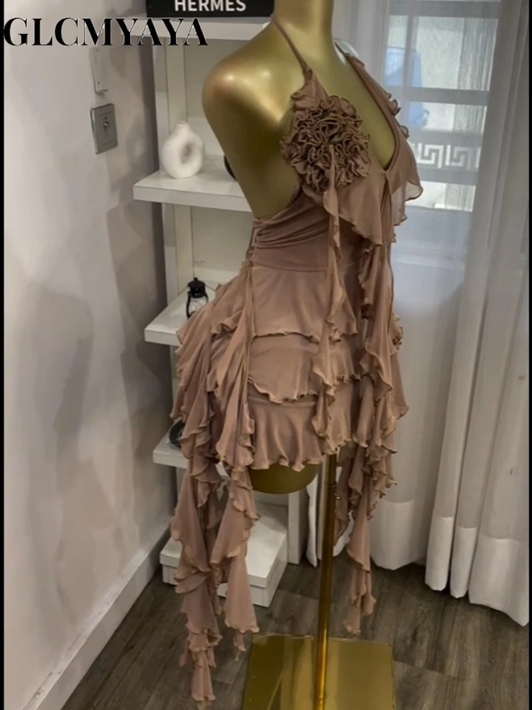 CM.YAYA Women Halter Neck Backless Tierred Ruffles Ball Gown Mini Dress 2025 Beach Holiday Party Birthday Street Sexy Dresses