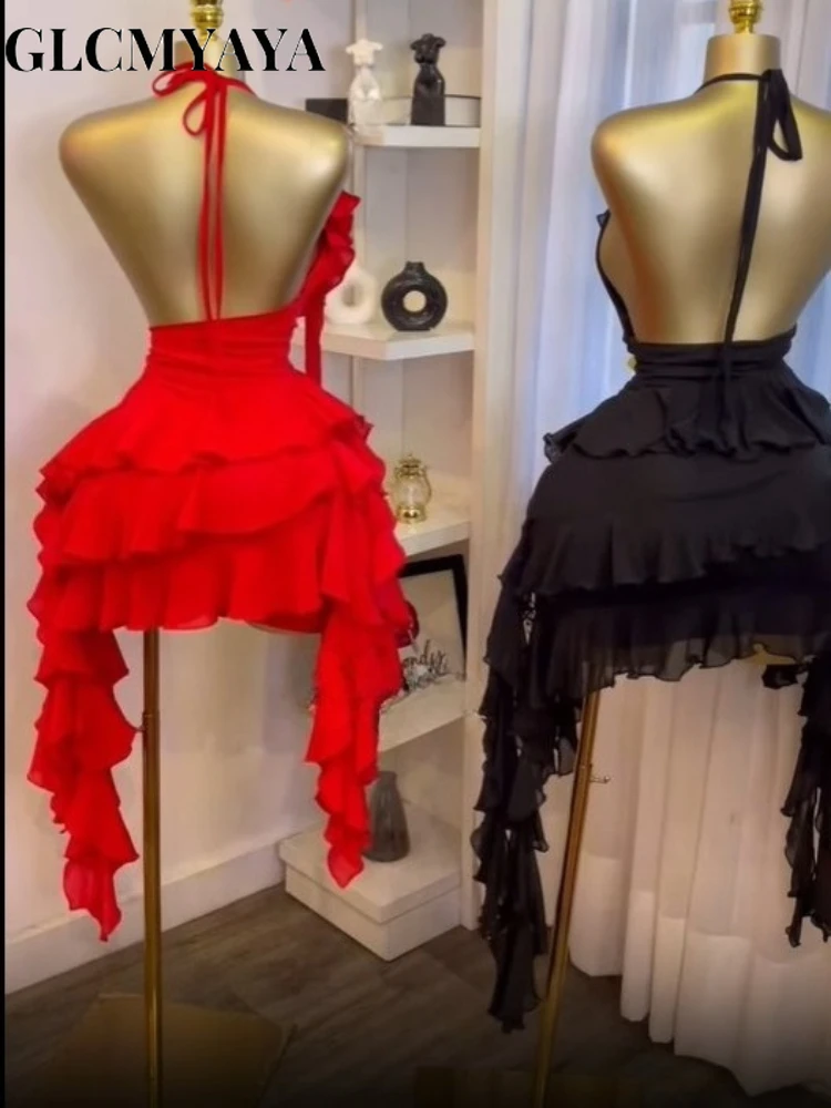 CM.YAYA Women Halter Neck Backless Tierred Ruffles Ball Gown Mini Dress 2025 Beach Holiday Party Birthday Street Sexy Dresses CM.YAYA Women Halter Neck Backless Tierred Ruffles Ball Gown Mini Dress 2025 Beach Holiday Party Birthday Street Sexy Dresses