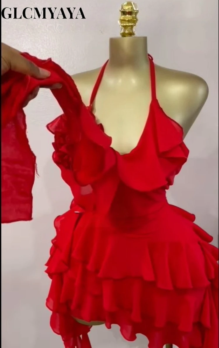 CM.YAYA Women Halter Neck Backless Tierred Ruffles Ball Gown Mini Dress 2025 Beach Holiday Party Birthday Street Sexy Dresses