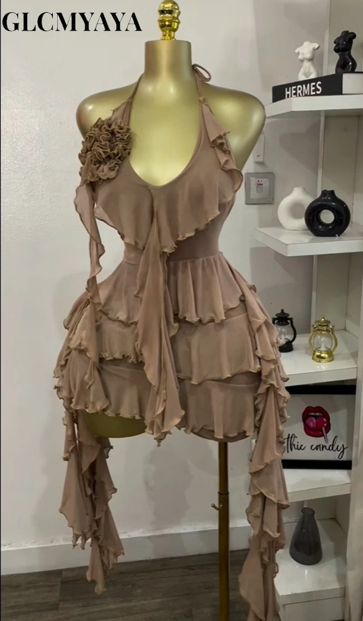 CM.YAYA Women Halter Neck Backless Tierred Ruffles Ball Gown Mini Dress 2025 Beach Holiday Party Birthday Street Sexy Dresses