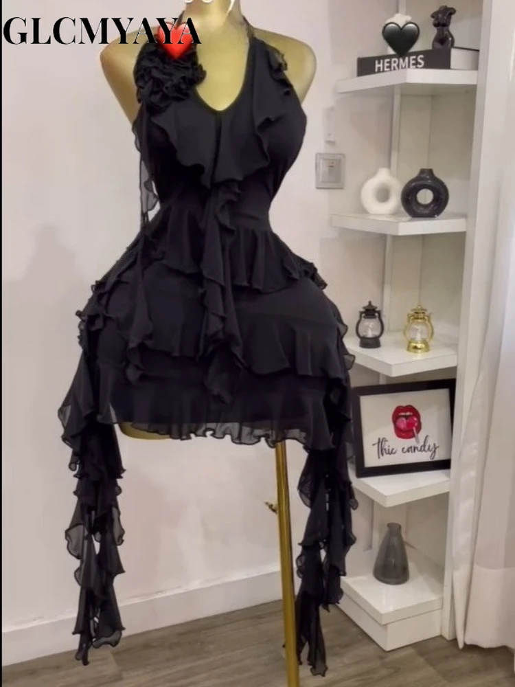 CM.YAYA Women Halter Neck Backless Tierred Ruffles Ball Gown Mini Dress 2025 Beach Holiday Party Birthday Street Sexy Dresses