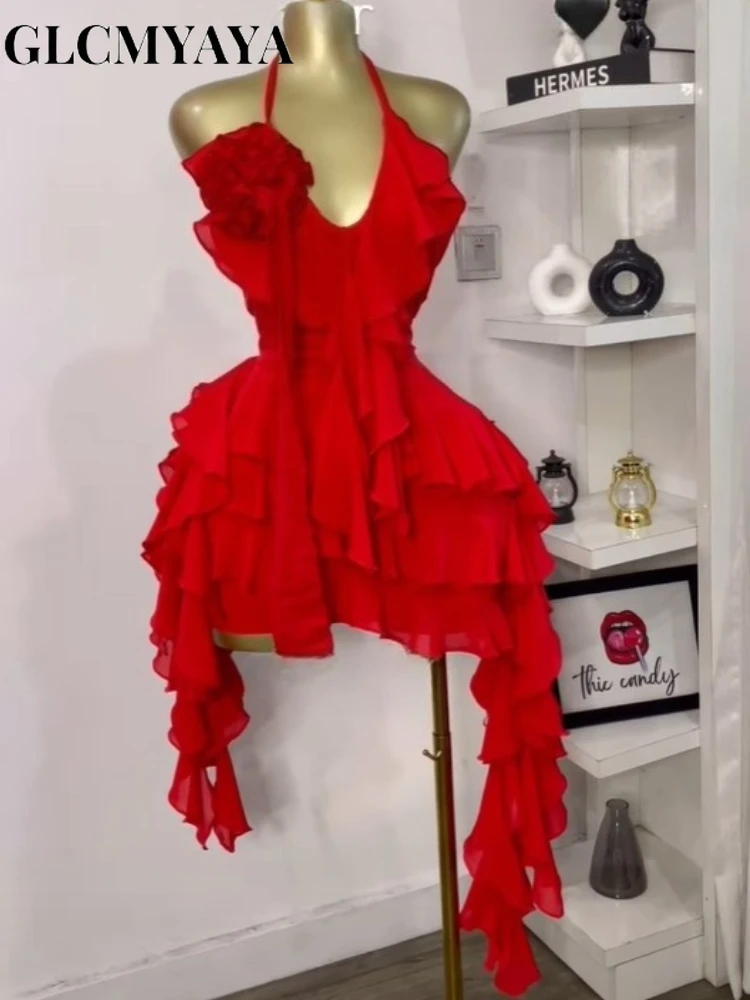 CM.YAYA Women Halter Neck Backless Tierred Ruffles Ball Gown Mini Dress 2025 Beach Holiday Party Birthday Street Sexy Dresses CM.YAYA Women Halter Neck Backless Tierred Ruffles Ball Gown Mini Dress 2025 Beach Holiday Party Birthday Street Sexy Dresses