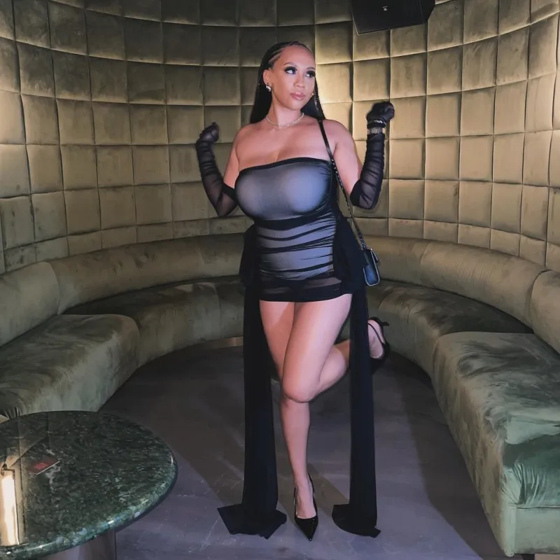 CM.YAYA Women Ribbon Strapless Mesh Mini Dress 2024 Fall Sleeveless Evening Sexy Club Party Evening High Street Dresses