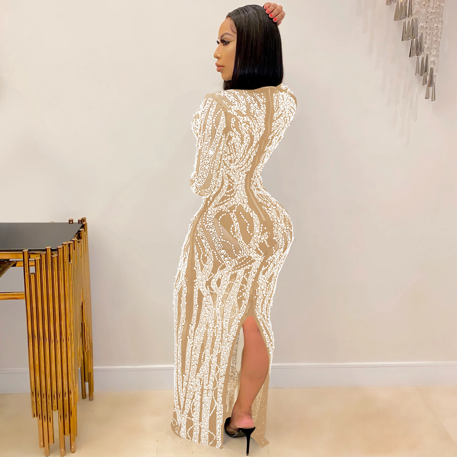 CM.YAYA Women Long Sleeve V-neck Hot Rhinestones Slit Back Crystal Bodycon Maxi Dress Sexy Club Party Pencil Evening Long Dress