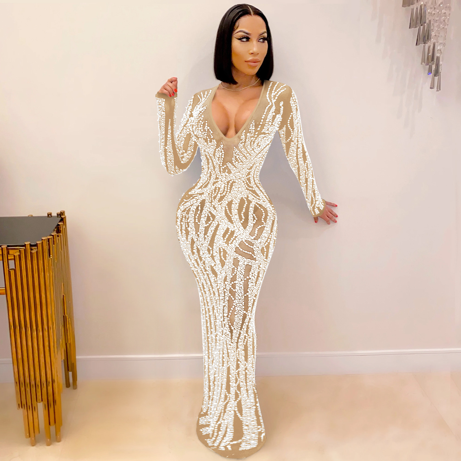 CM.YAYA Women Long Sleeve V-neck Hot Rhinestones Slit Back Crystal Bodycon Maxi Dress Sexy Club Party Pencil Evening Long Dress