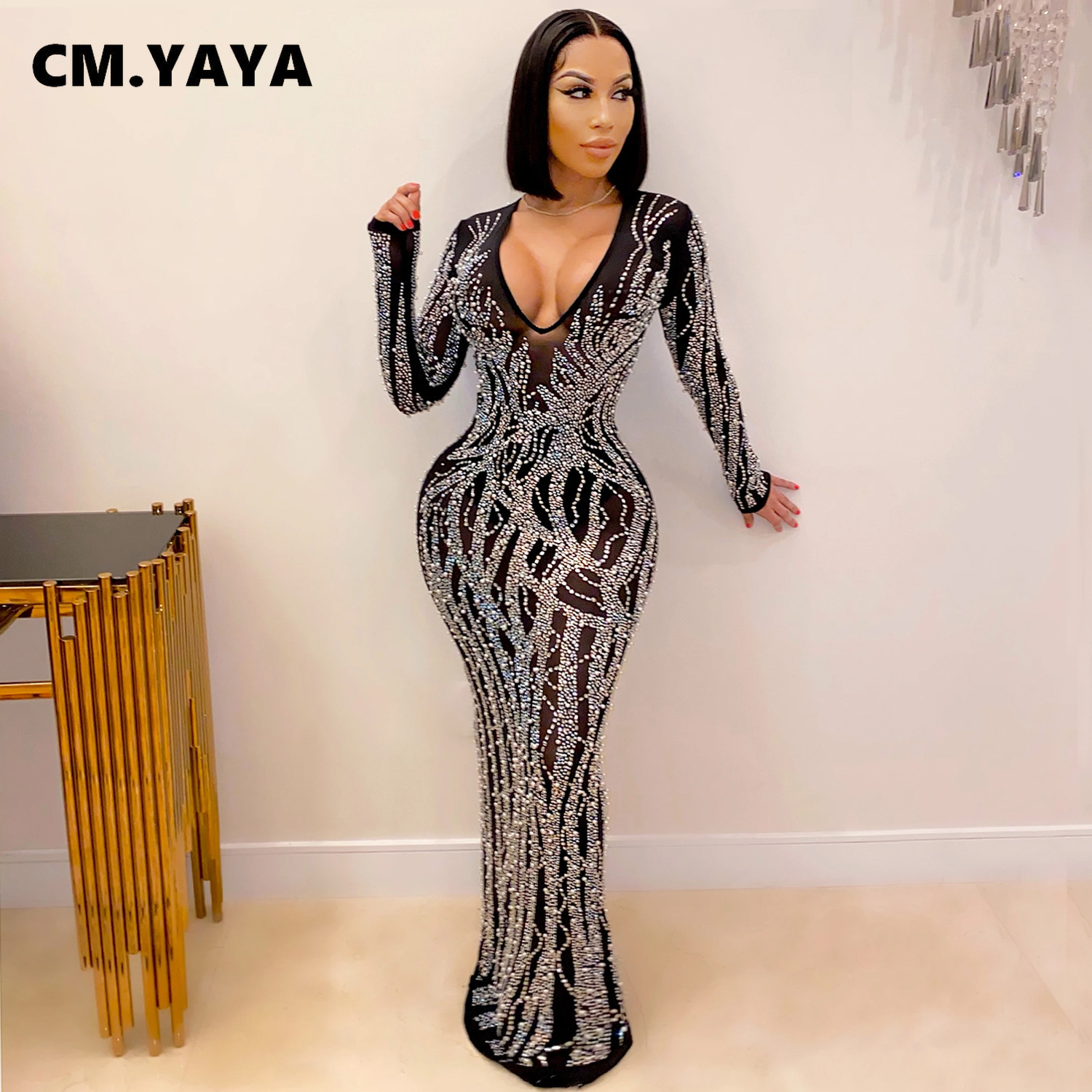 CM.YAYA Women Long Sleeve V-neck Hot Rhinestones Slit Back Crystal Bodycon Maxi Dress Sexy Club Party Pencil Evening Long Dress