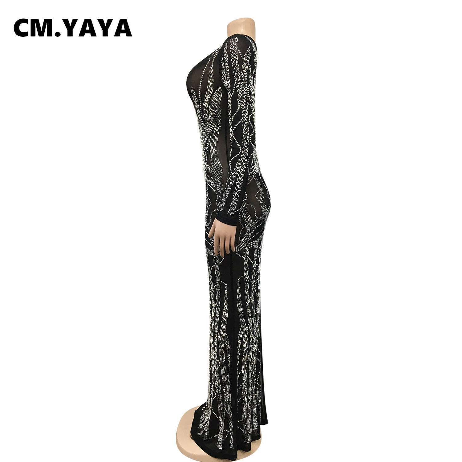 CM.YAYA Women Long Sleeve V-neck Hot Rhinestones Slit Back Crystal Bodycon Maxi Dress Sexy Club Party Pencil Evening Long Dress