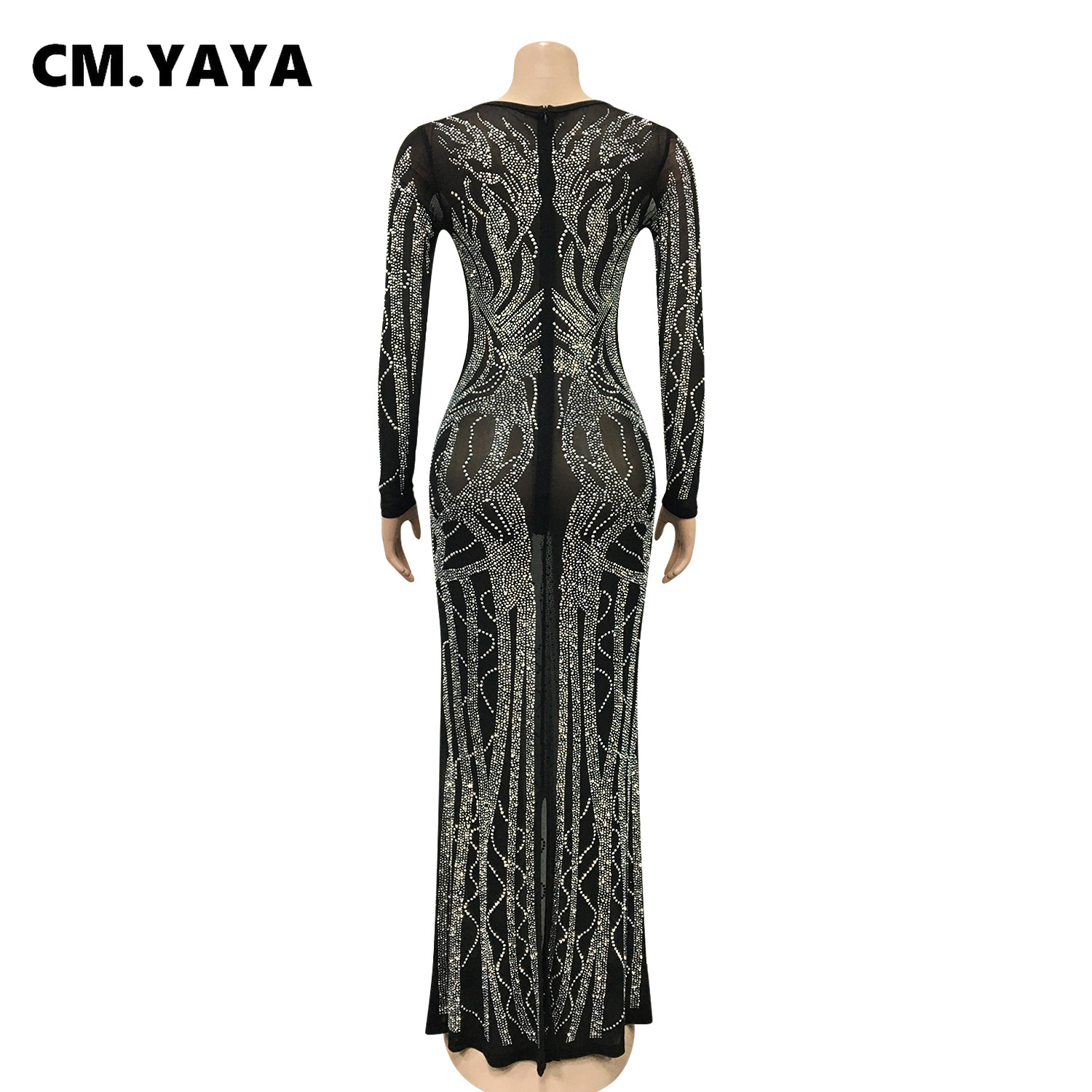 CM.YAYA Women Long Sleeve V-neck Hot Rhinestones Slit Back Crystal Bodycon Maxi Dress Sexy Club Party Pencil Evening Long Dress