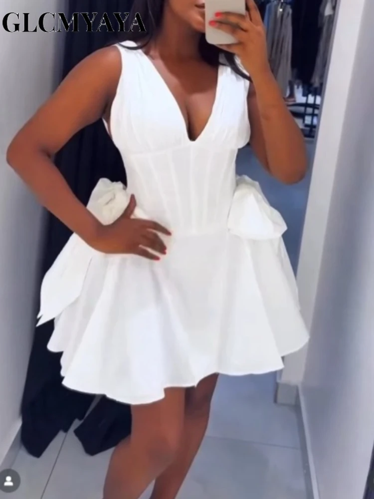 CM.YAYA Women Sleeveless Bow Splicing Deep V-neck Corset A-line Mini Dress 2026 Street Parties Education Beach Dresses Vestidos