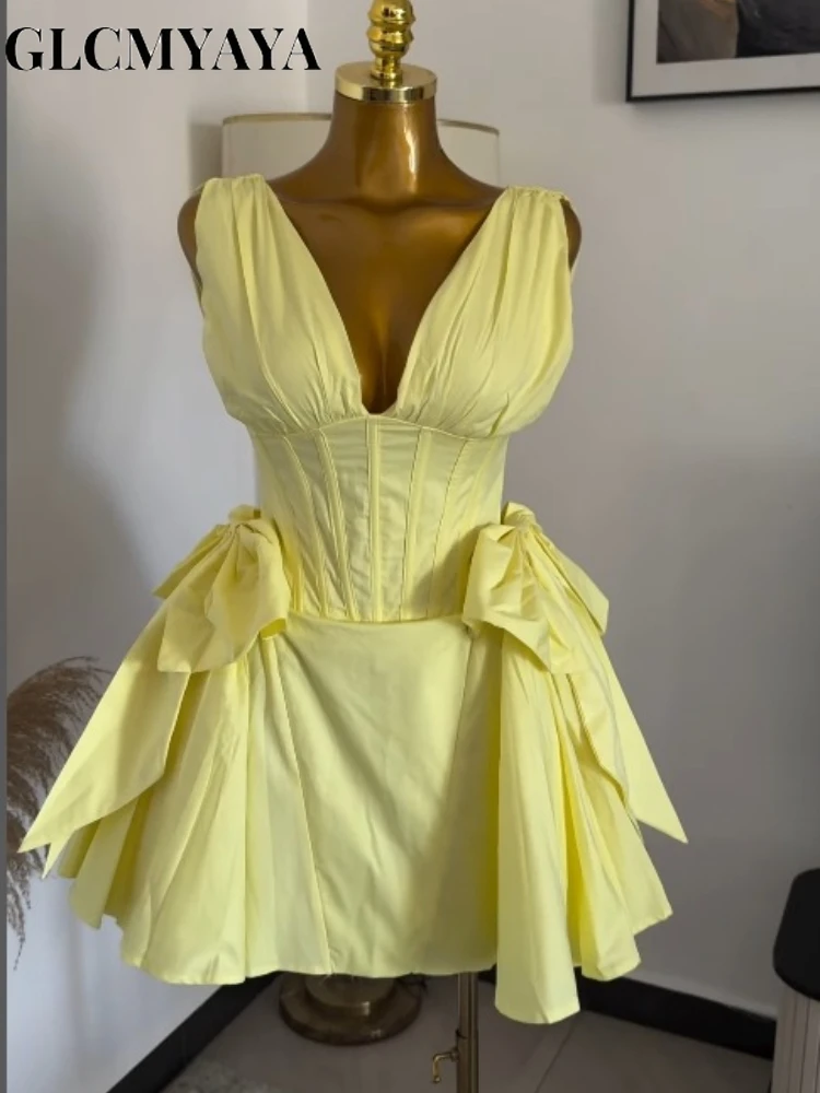 CM.YAYA Women Sleeveless Bow Splicing Deep V-neck Corset A-line Mini Dress 2026 Street Parties Education Beach Dresses Vestidos CM.YAYA Women Sleeveless Bow Splicing Deep V-neck Corset A-line Mini Dress 2026 Street Parties Education Beach Dresses Vestidos