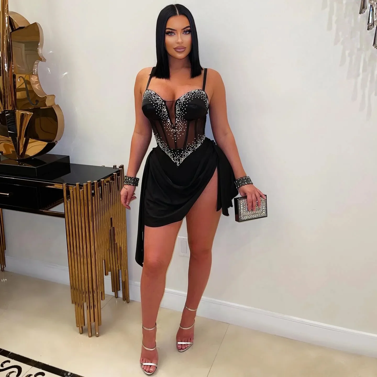 CM.YAYA Women Diamonds Hot Rhinestones Mesh Tunic Sleeveless Split Bodycon Midi Maxi Long Dress 2025 Sexy Party Evening Dresses