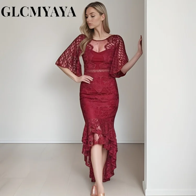 GLCMYAYA 2025 Short Flare Sleeve Lace See-through Long Dress Women Sexy Slim Lady Club Party Evening Night Midi Dresses GLCMYAYA 2025 Short Flare Sleeve Lace See-through Long Dress Women Sexy Slim Lady Club Party Evening Night Midi Dresses
