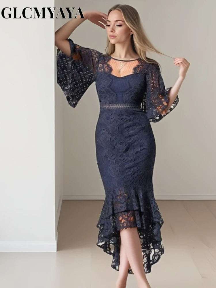 GLCMYAYA 2025 Short Flare Sleeve Lace See-through Long Dress Women Sexy Slim Lady Club Party Evening Night Midi Dresses GLCMYAYA 2025 Short Flare Sleeve Lace See-through Long Dress Women Sexy Slim Lady Club Party Evening Night Midi Dresses