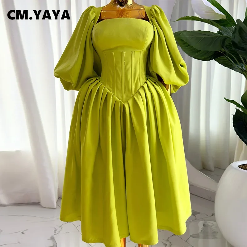 CM.YAYA Women Long Lantern Sleeve Square Collar Big Swing Long Maxi Dress 2024 Fall Birthday Sexy Party Evening Dresses Vestidos