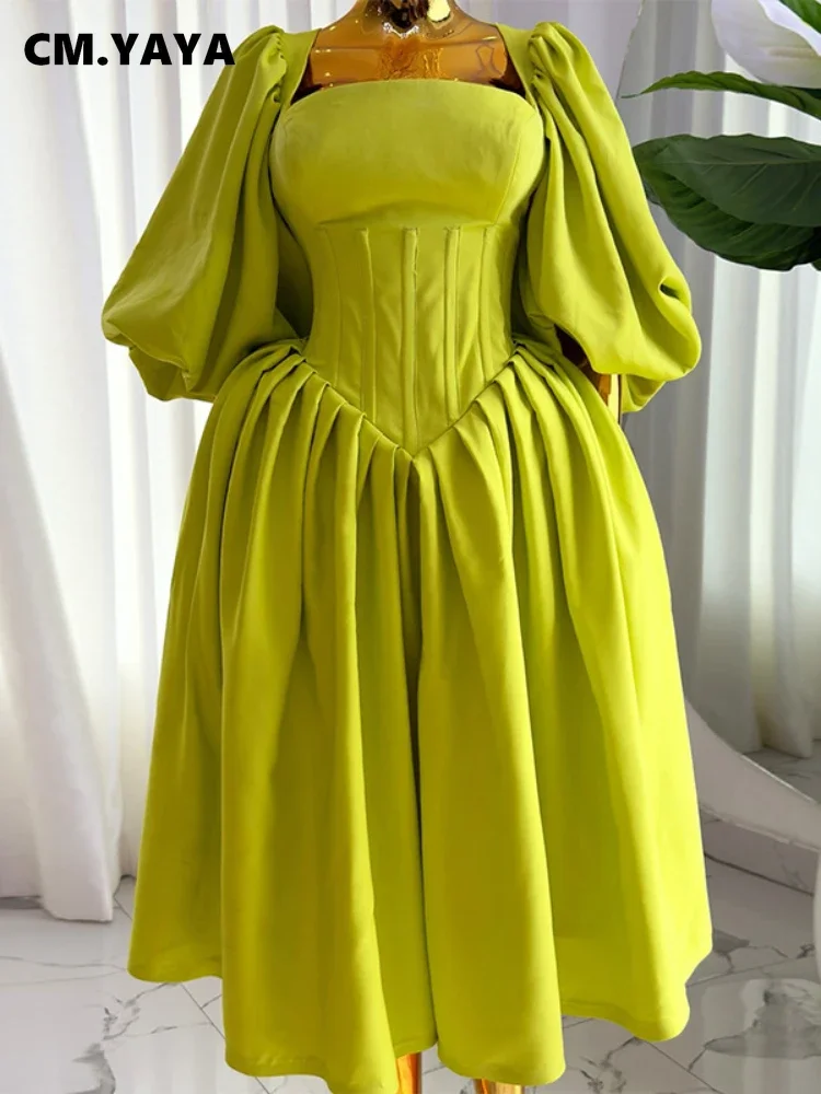 CM.YAYA Women Long Lantern Sleeve Square Collar Big Swing Long Maxi Dress 2024 Fall Birthday Sexy Party Evening Dresses Vestidos