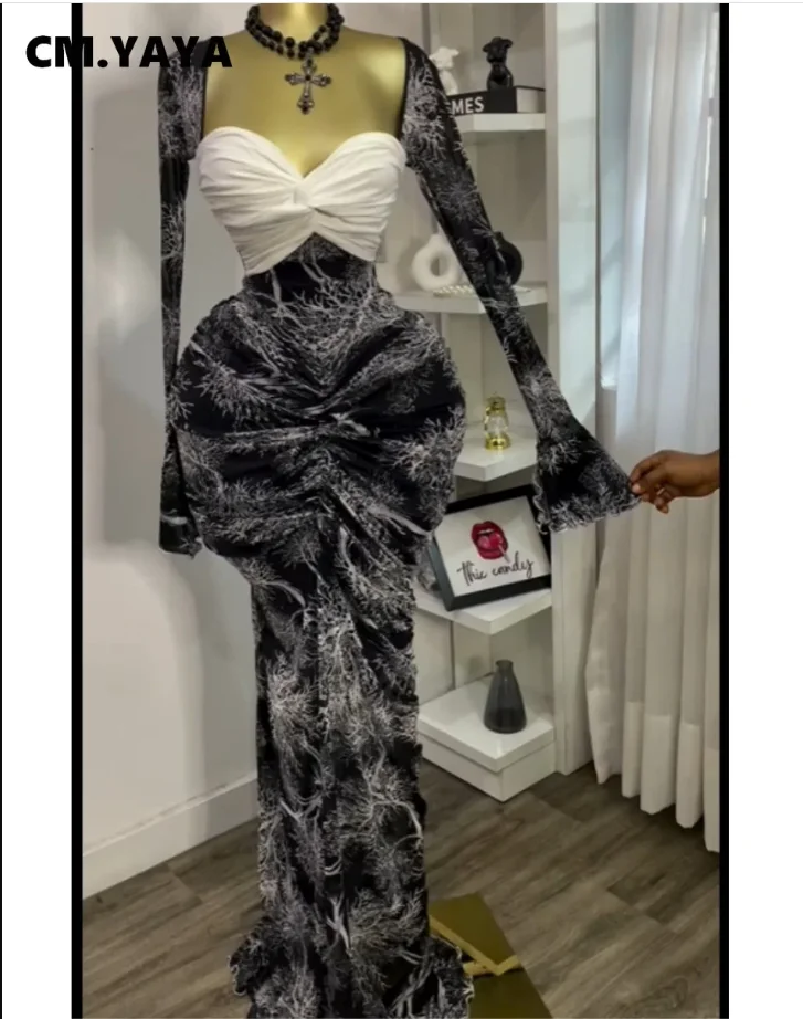 CM.YAYA Women Leaf Printed Stacked Ruched Draped V-neck Maxi Long Bodycon Dress 2025 Holiday Birthday Club Party Evening Dresses